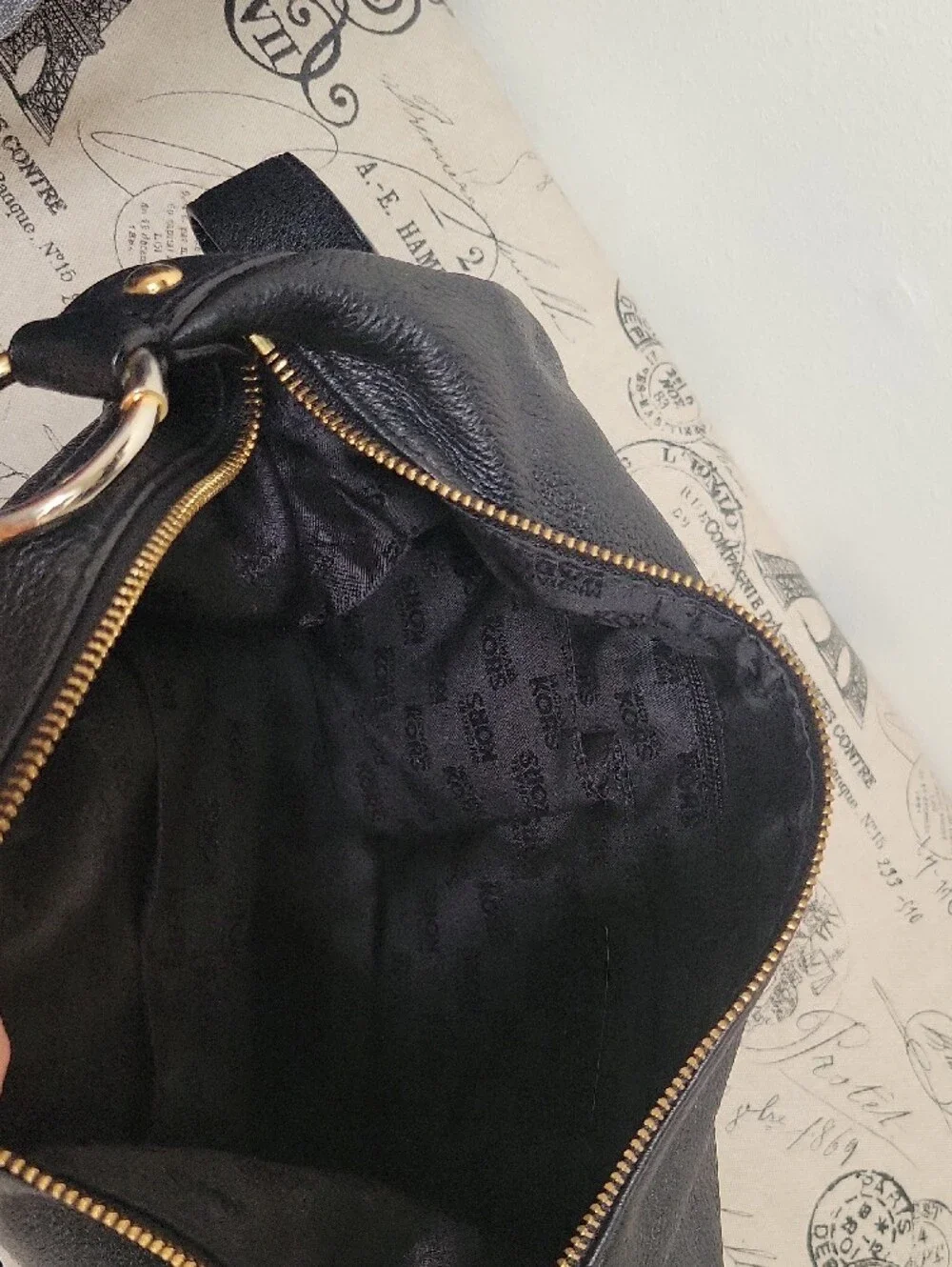 Michael Kors Black Pebbled Leather Shoulder Bag with Gold MK Emblem